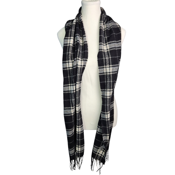 Modern Expressions Black White Tartan Plaid Scarf Fringe Unisex Men's Women's - Picture 5 of 7
